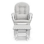 white glider and ottoman with gray chevron cushions front view