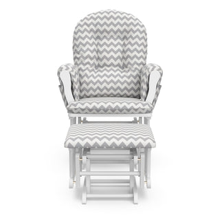 white glider and ottoman with gray chevron cushions front view