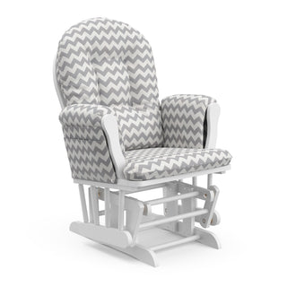 white glider and ottoman with gray chevron cushions angled view
