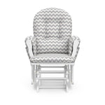 white glider with gray chevron cushions front view