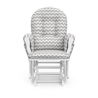 white glider with gray chevron cushions front view