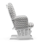 white glider and ottoman with gray chevron cushions side view