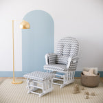white glider and ottoman with gray chevron cushions in nursery