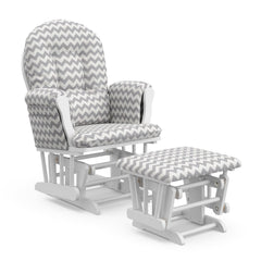 white glider and ottoman with gray chevron cushions angled view