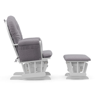 white glider with gray swirl cushions with ottoman side view