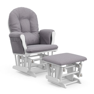 white glider with gray swirl cushions with ottoman angled view