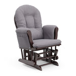 espresso glider and ottoman with gray swirl cushions angled view