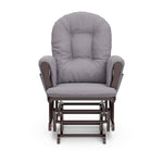 espresso glider and ottoman with gray swirl cushions front view