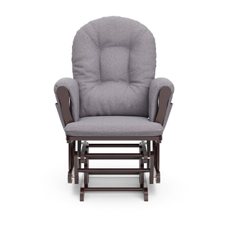 espresso glider and ottoman with gray swirl cushions front view