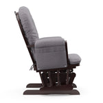 espresso glider and ottoman with gray swirl cushions side view