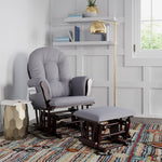 espresso glider and ottoman with gray swirl cushions in nursery