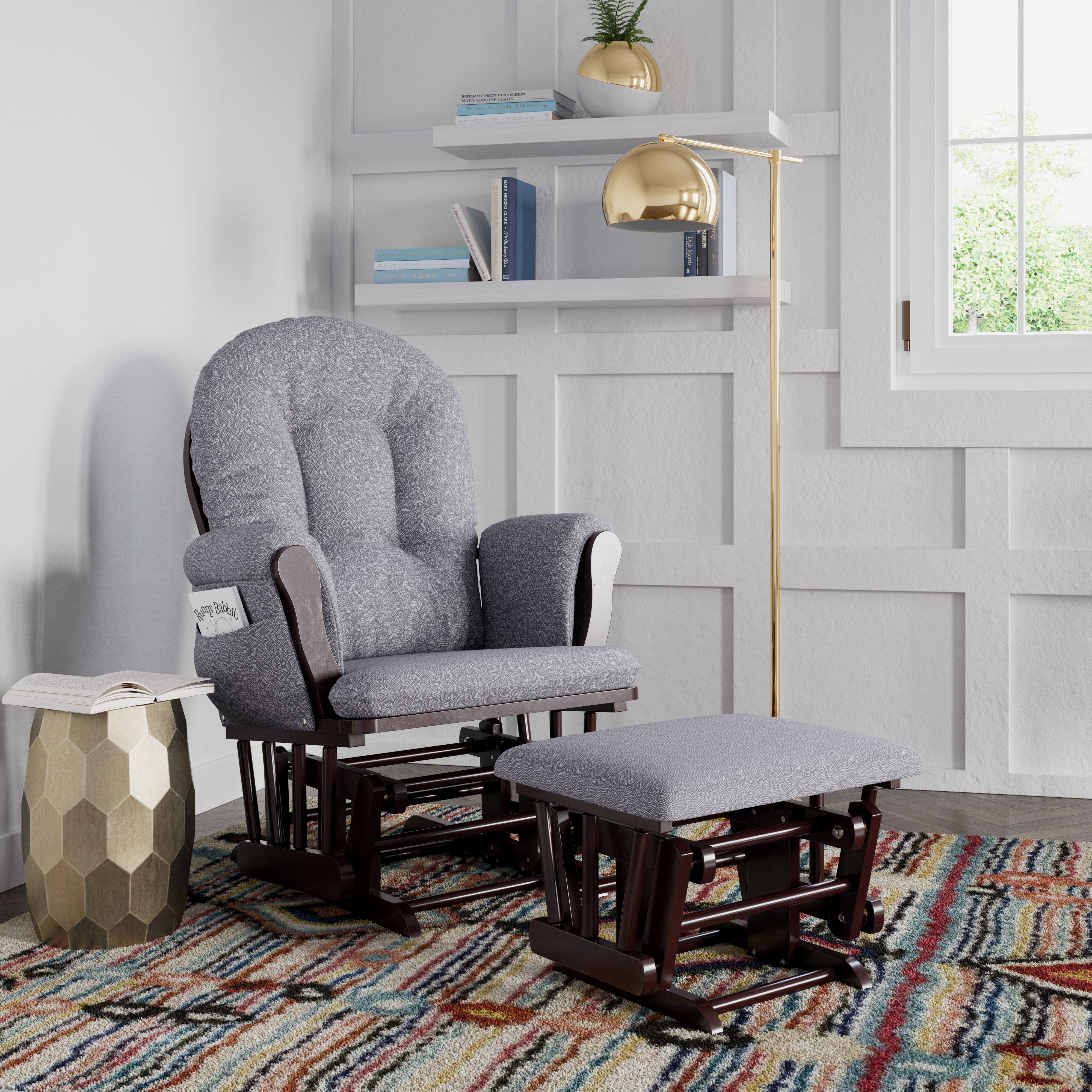 espresso glider and ottoman with gray swirl cushions in nursery