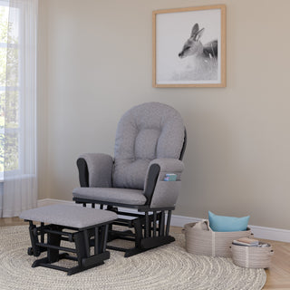 gray glider and ottoman with slate gray cushions in nursery