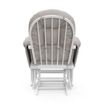 white glider with taupe swirl cushions back view