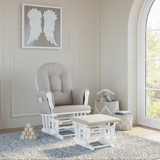 white glider with taupe swirl cushions in nursery