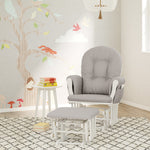 white glider with taupe swirl cushions in nursery