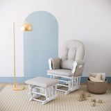 white glider with taupe swirl cushions in nursery