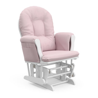 white glider with pink swirl cushions