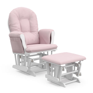 white glider and ottoman with pink swirl cushions angled view