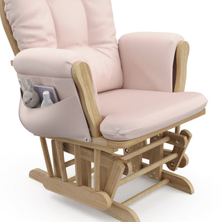 natural glider and ottoman with pink cushions close-up view