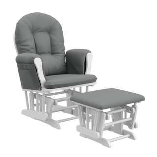 white glider and ottoman with gray cushions angled view