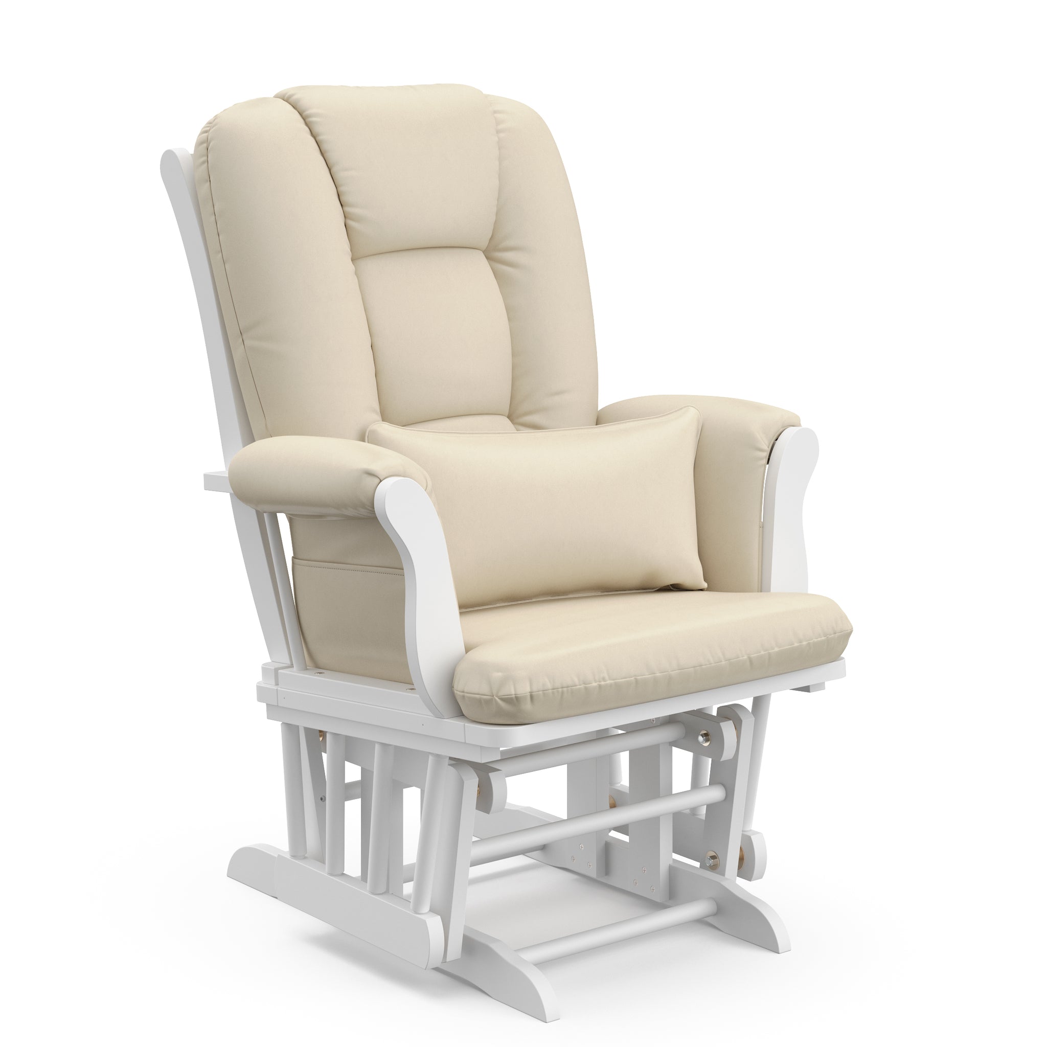 white glider with beige cushions angled view 