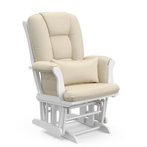 white glider with beige cushions angled view 