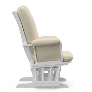white glider with beige cushions side view 
