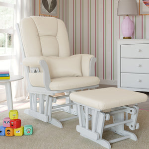 white glider and ottoman with beige cushions in nursery 