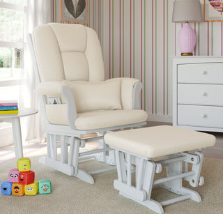 white glider and ottoman with beige cushions in nursery 