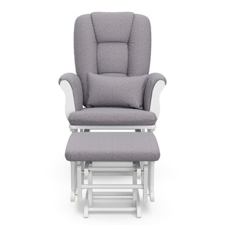 white glider and ottoman with gray swirl cushion