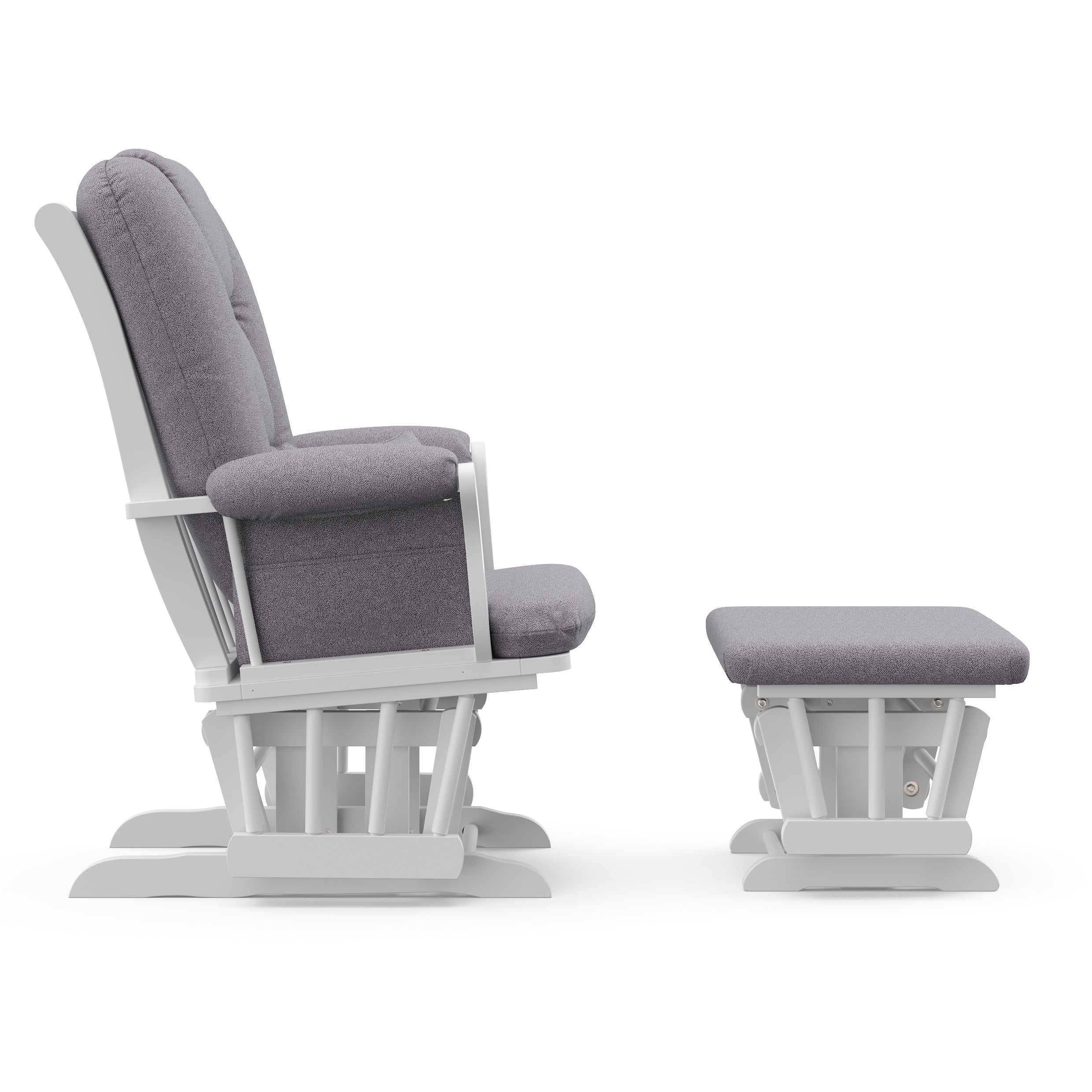 white glider and ottoman with gray swirl cushions side view 