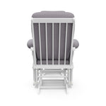 white glider and ottoman with gray swirl cushions back view 