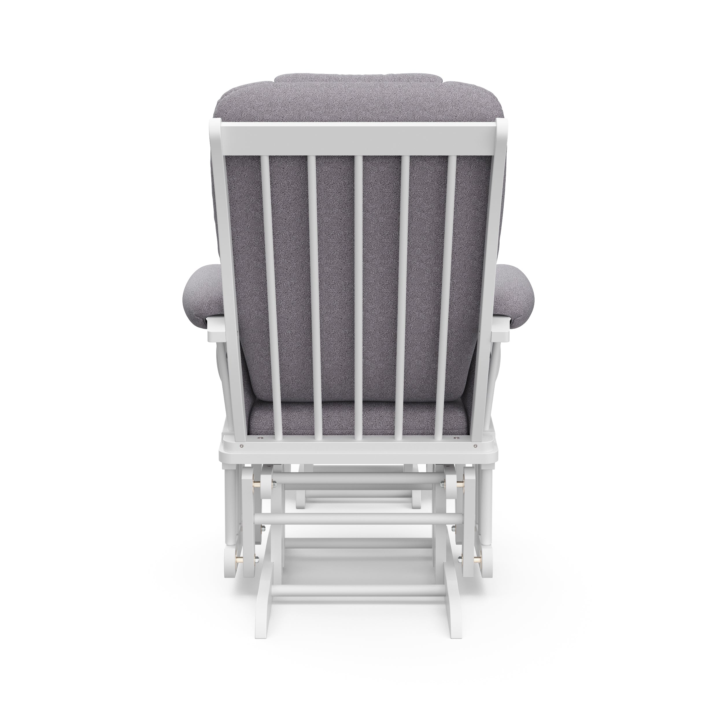 white glider and ottoman with gray swirl cushions back view 