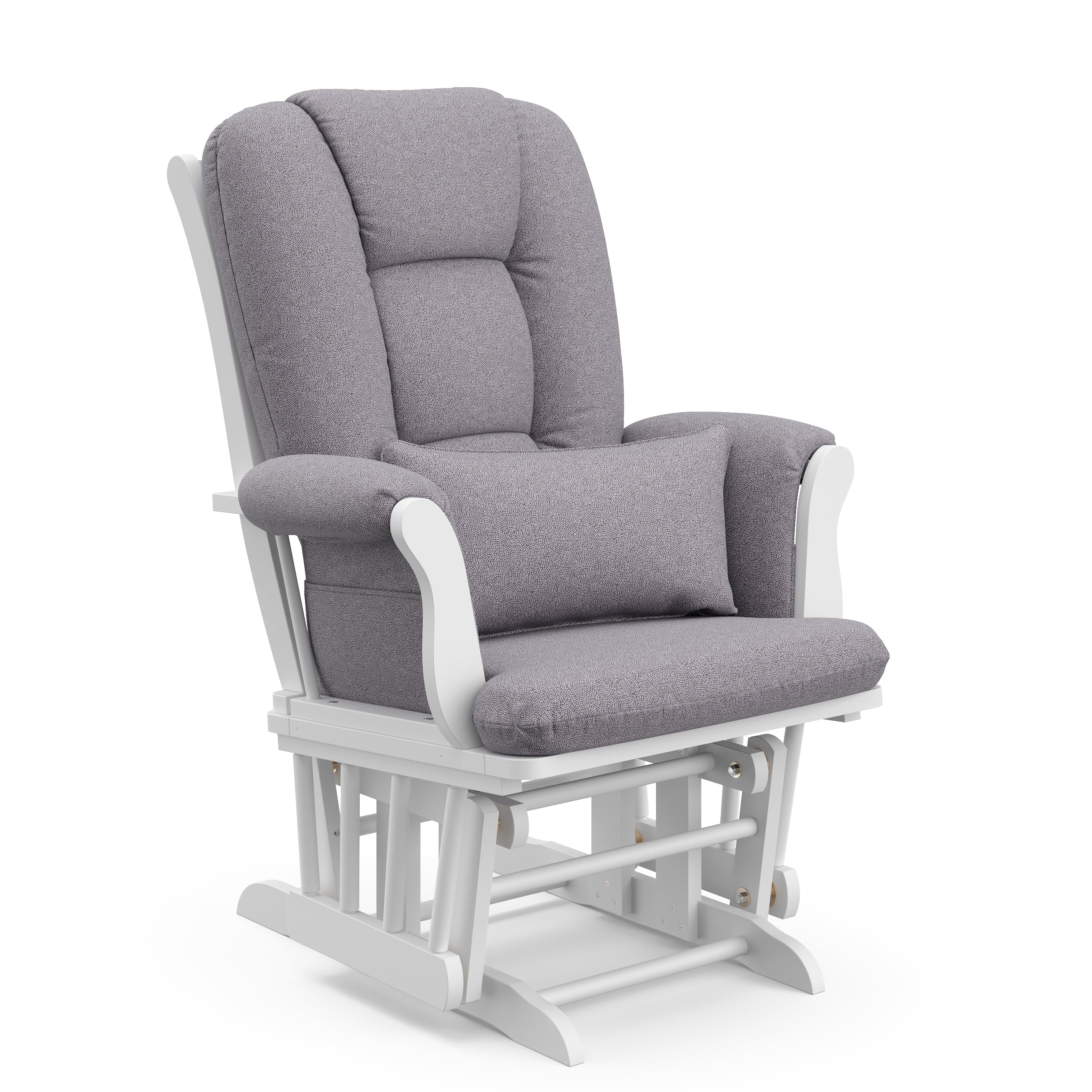 white glider with gray swirl cushions angled 