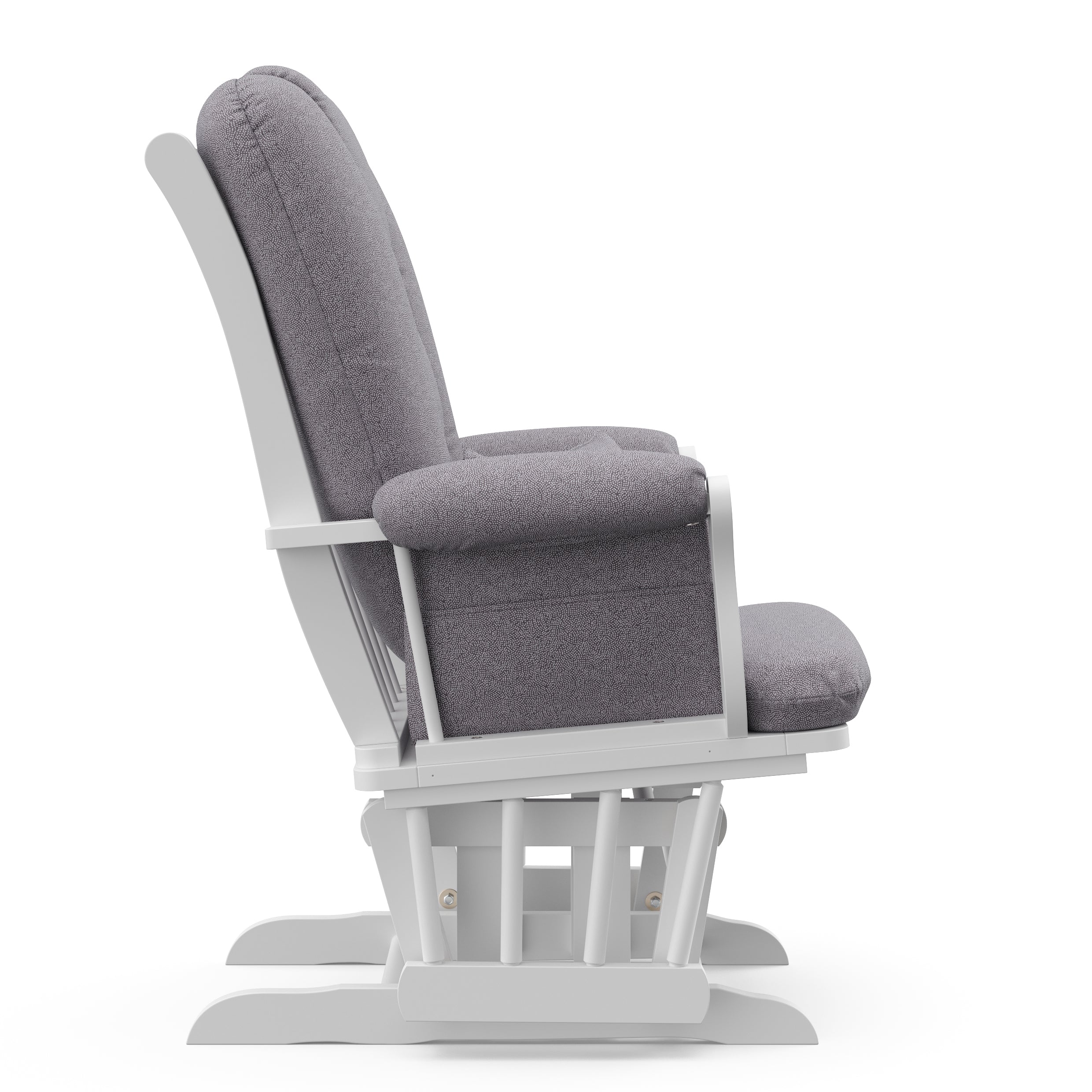 white glider with gray swirl cushions side view 