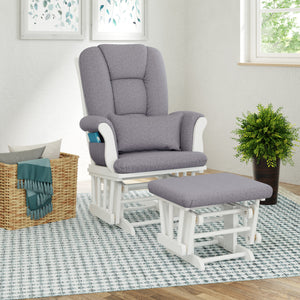 white glider and ottoman with gray swirl cushions in nursery