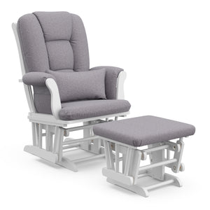 white glider and ottoman with gray swirl cushions angled view 