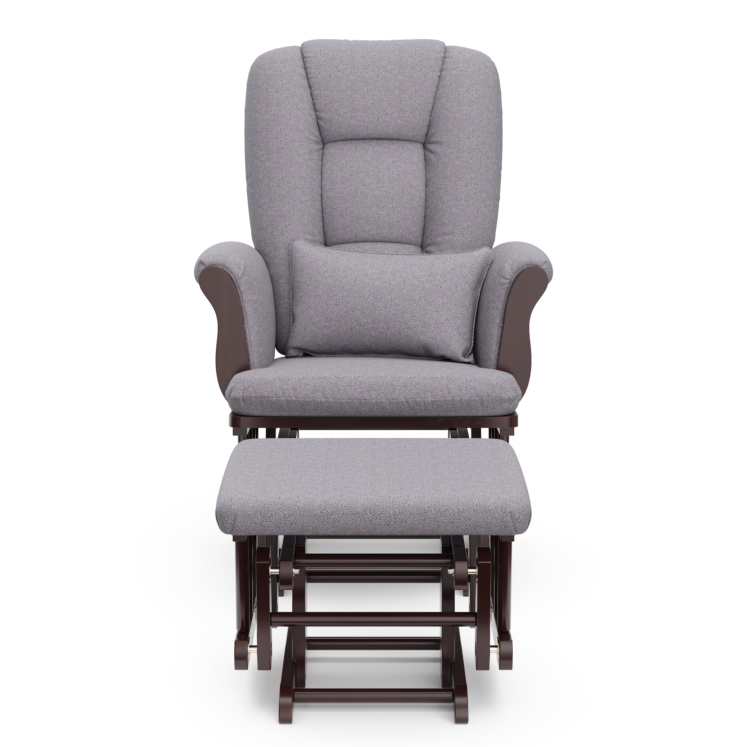 espresso glider and ottoman with gray swirl cushions 