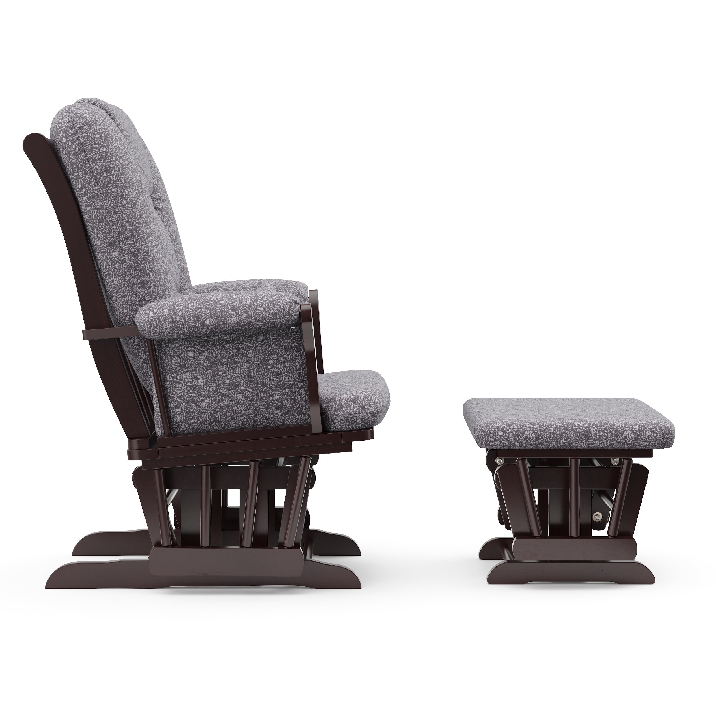 espresso glider and ottoman with gray swirl cushions side view 