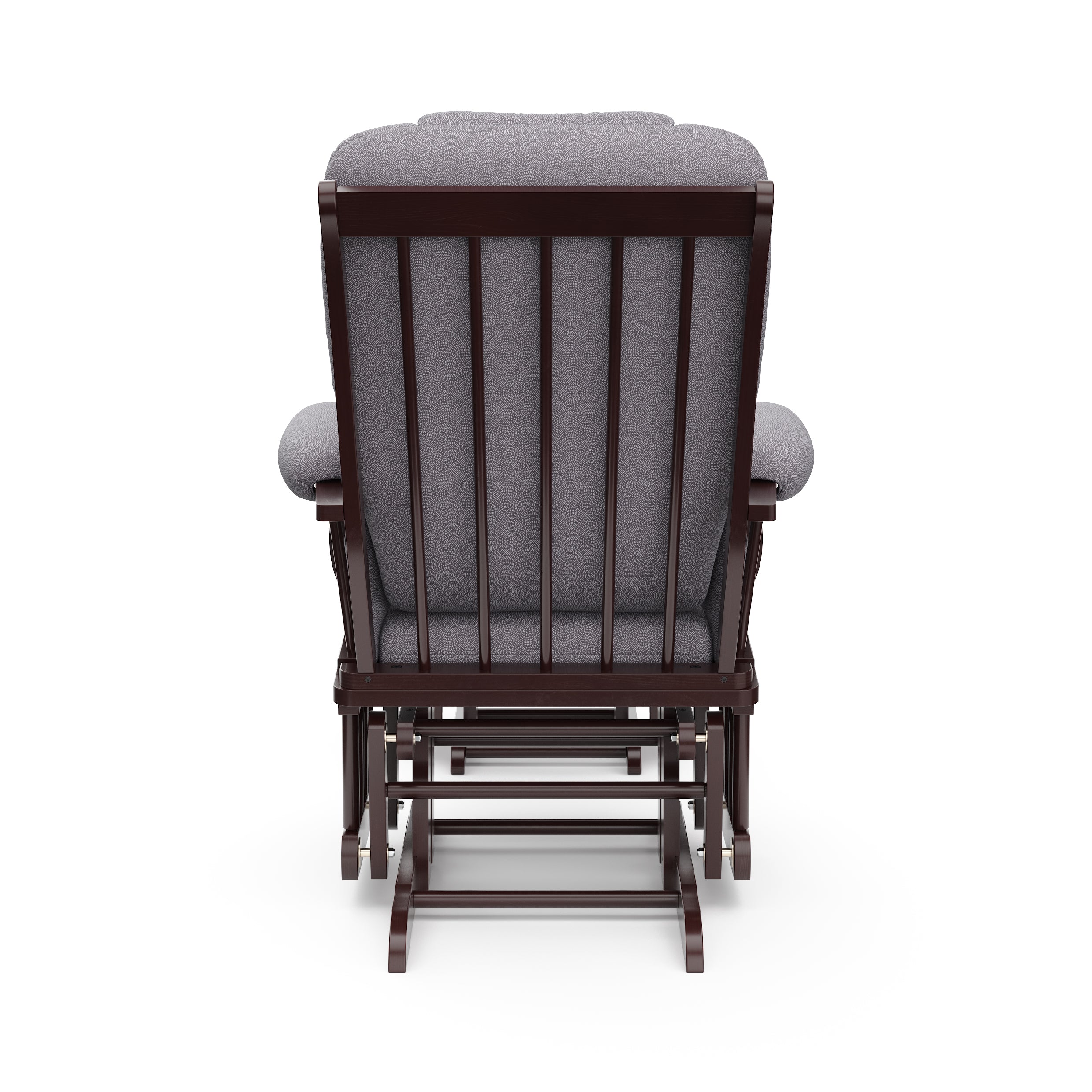 espresso glider and ottoman with gray swirl cushions back view 