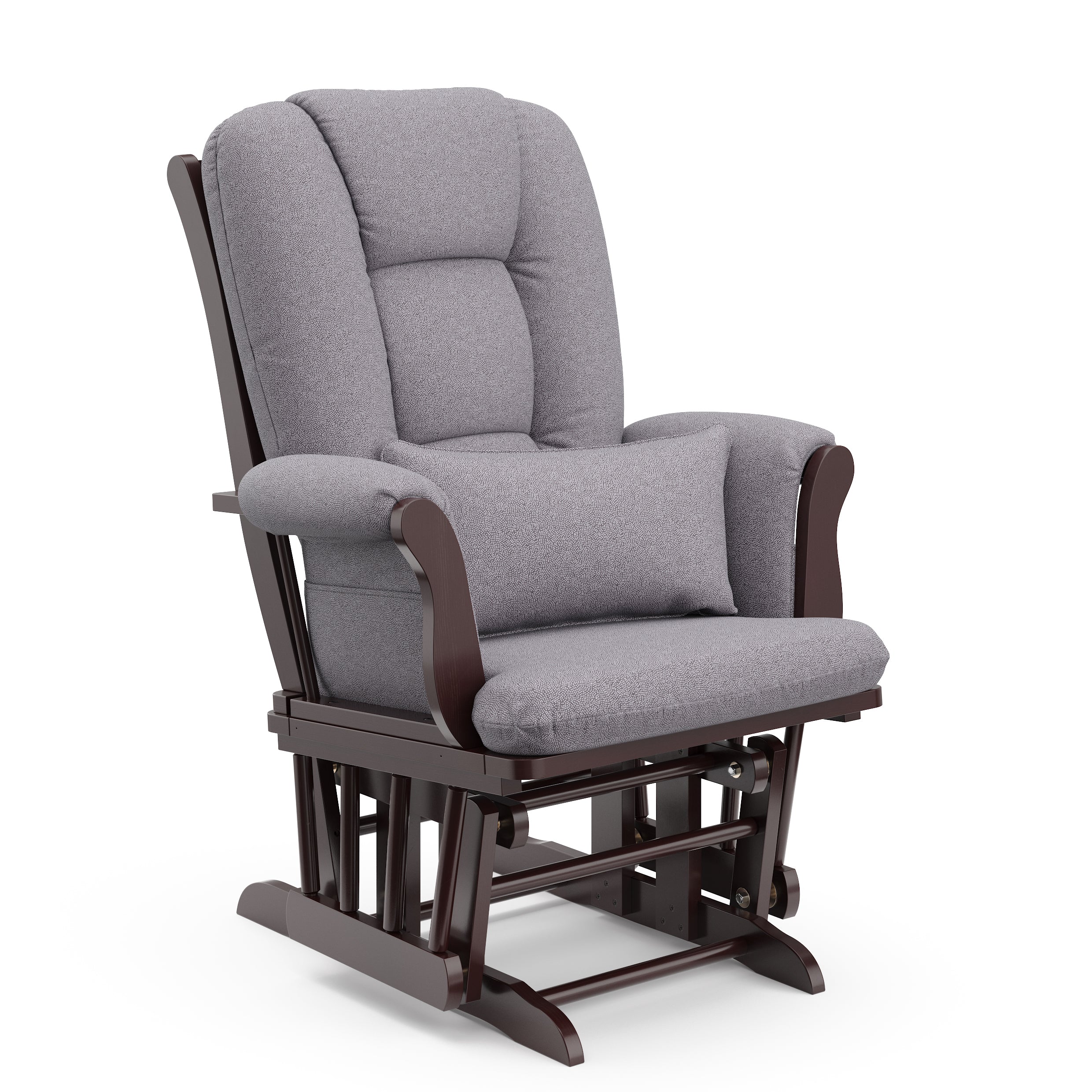 espresso glider with gray swirl cushions angled