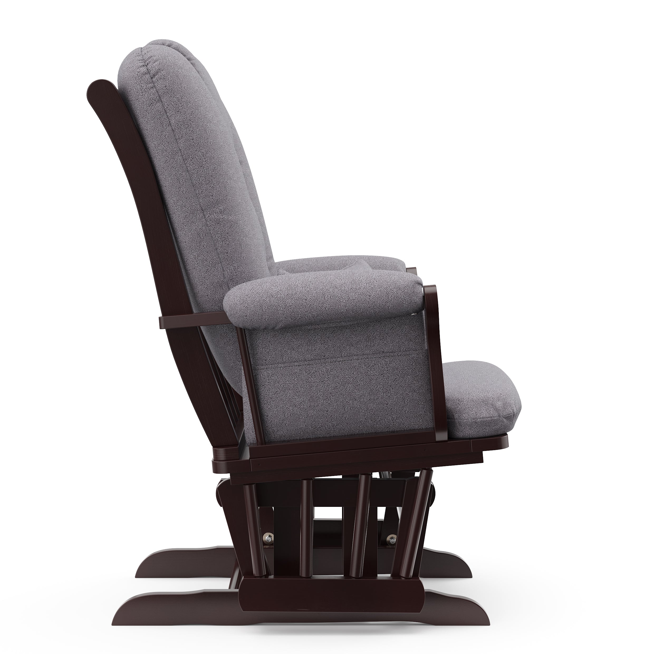 espresso glider with gray swirl cushions side view 