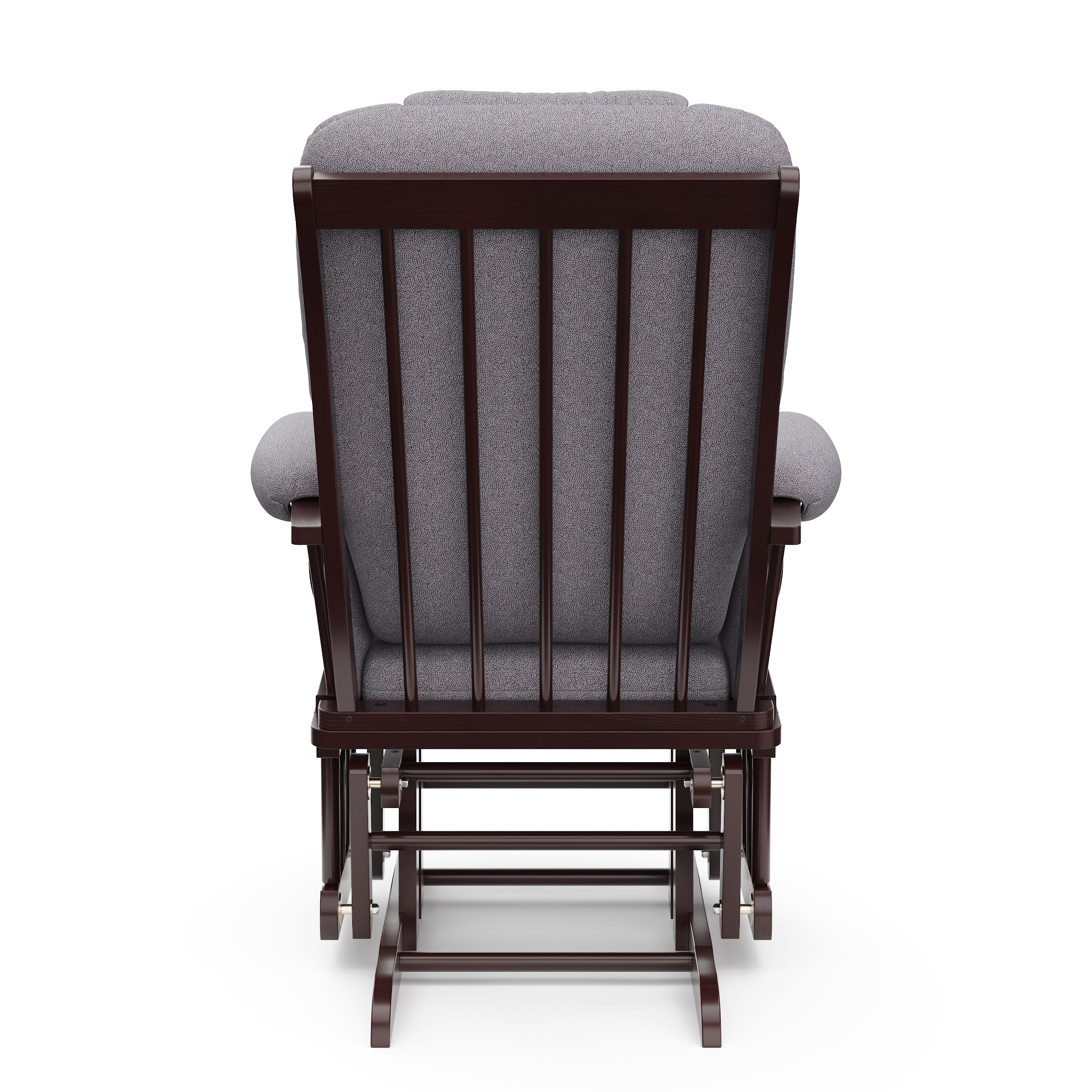 espresso glider with gray swirl cushions back view 