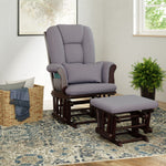 espresso glider and ottoman with gray swirl cushions in nursery 