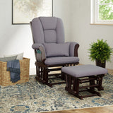 espresso glider and ottoman with gray swirl cushions in nursery 