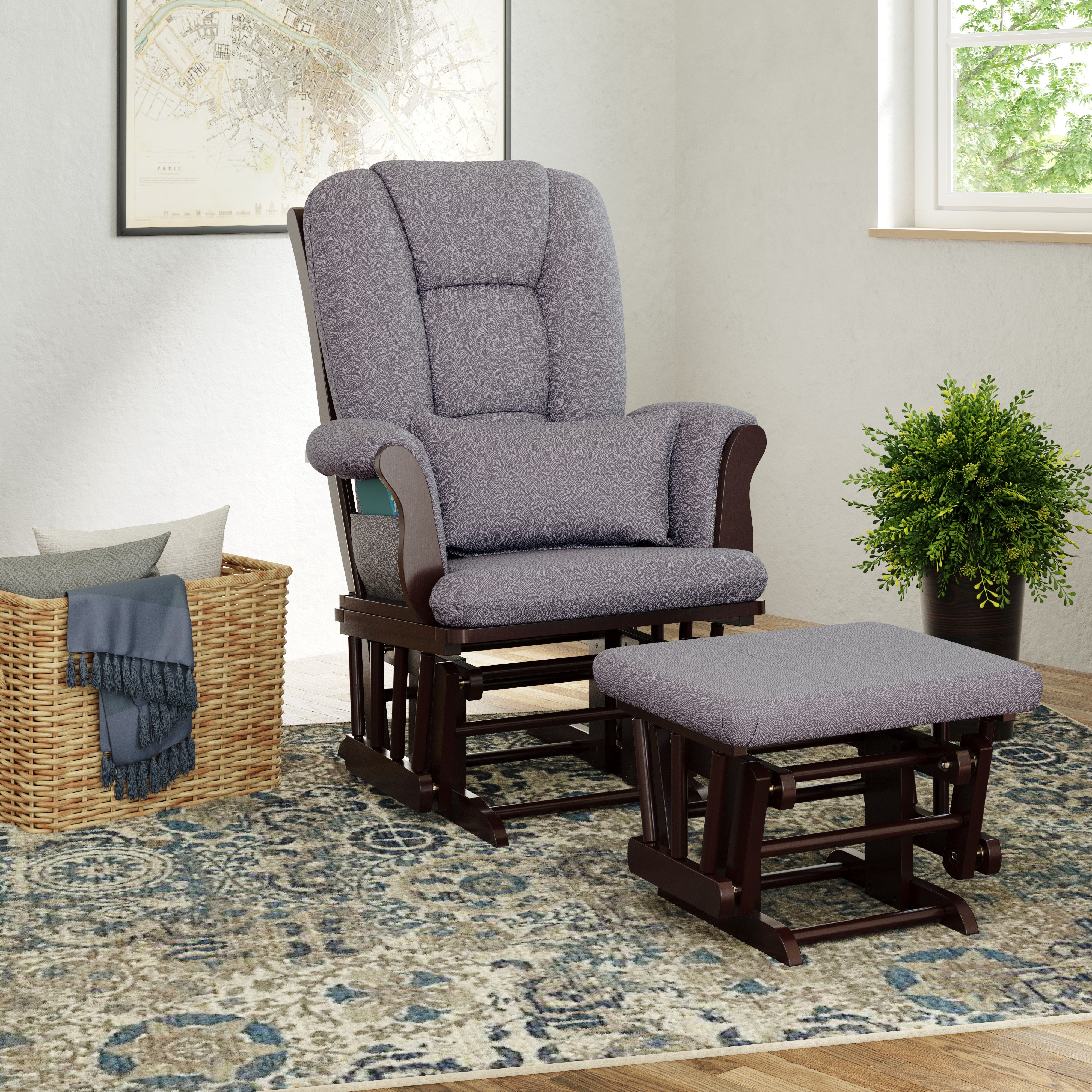 espresso glider and ottoman with gray swirl cushions in nursery 
