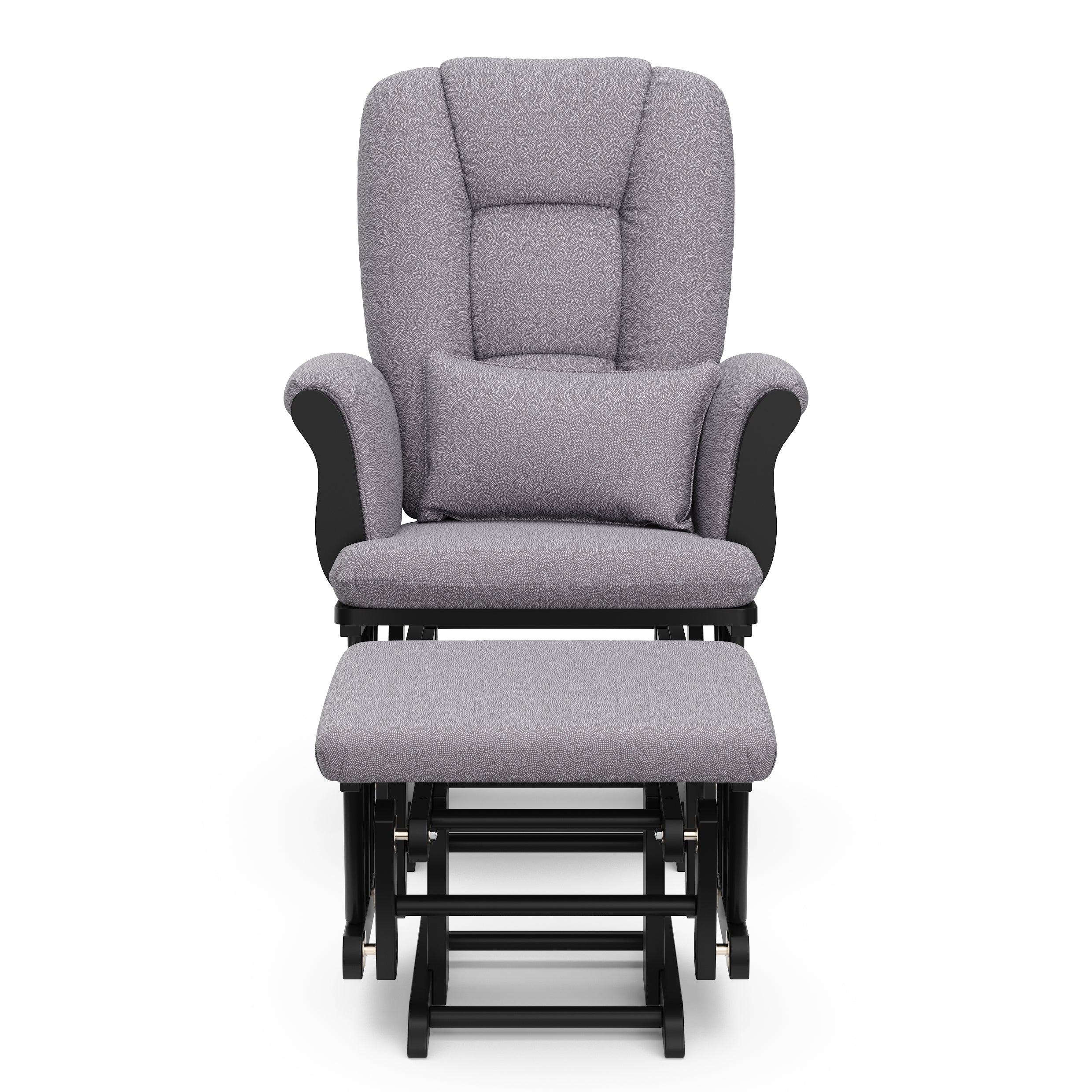 black glider and ottoman with gray swirl cushions 