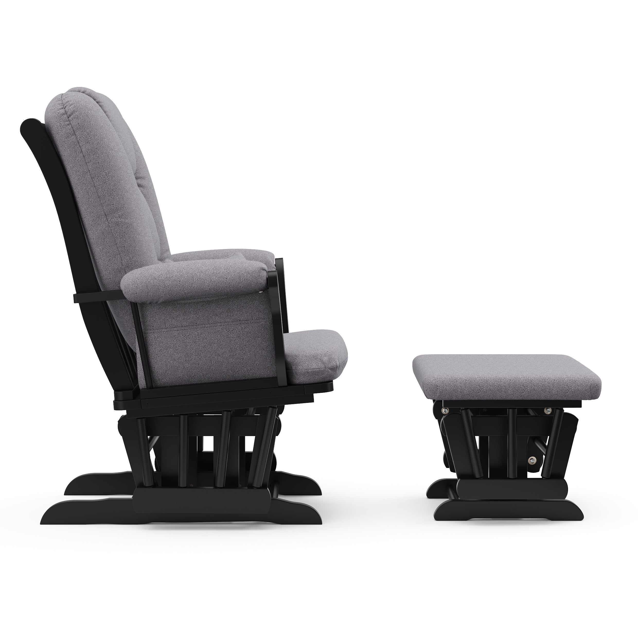 black glider and ottoman with gray swirl cushions side view 