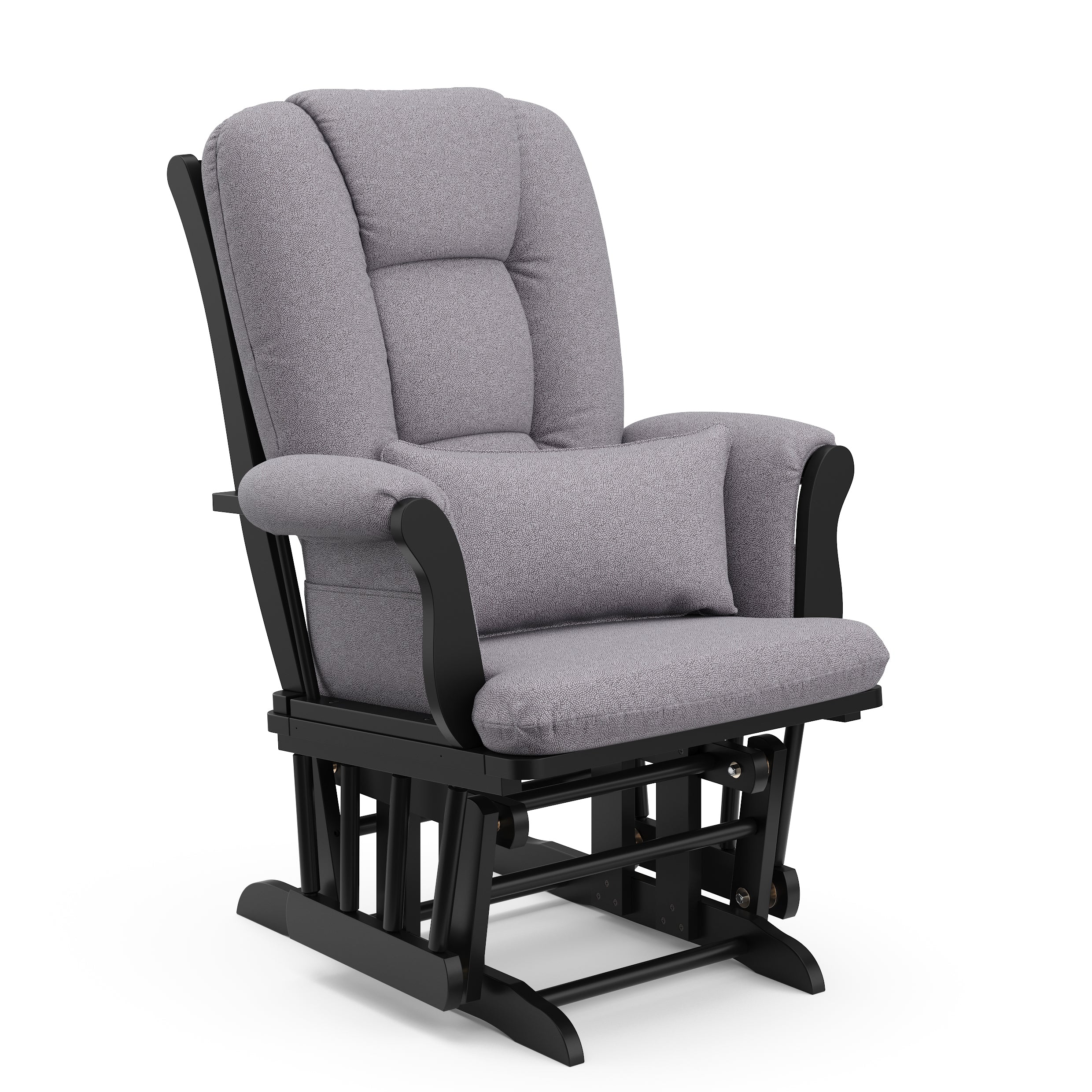 black glider with gray swirl cushions angled 
